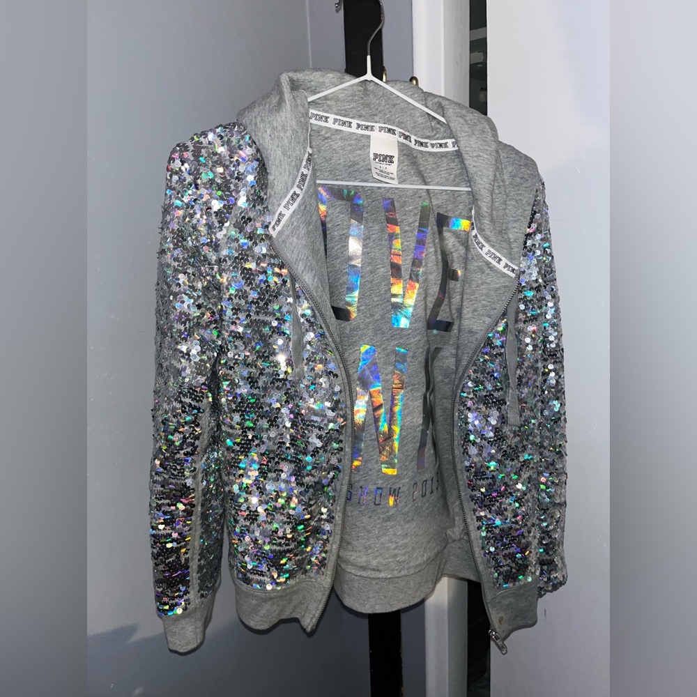 Small Light grey PINK Victoria Secret Reversible Sweater  with Sequins!  BNWOT